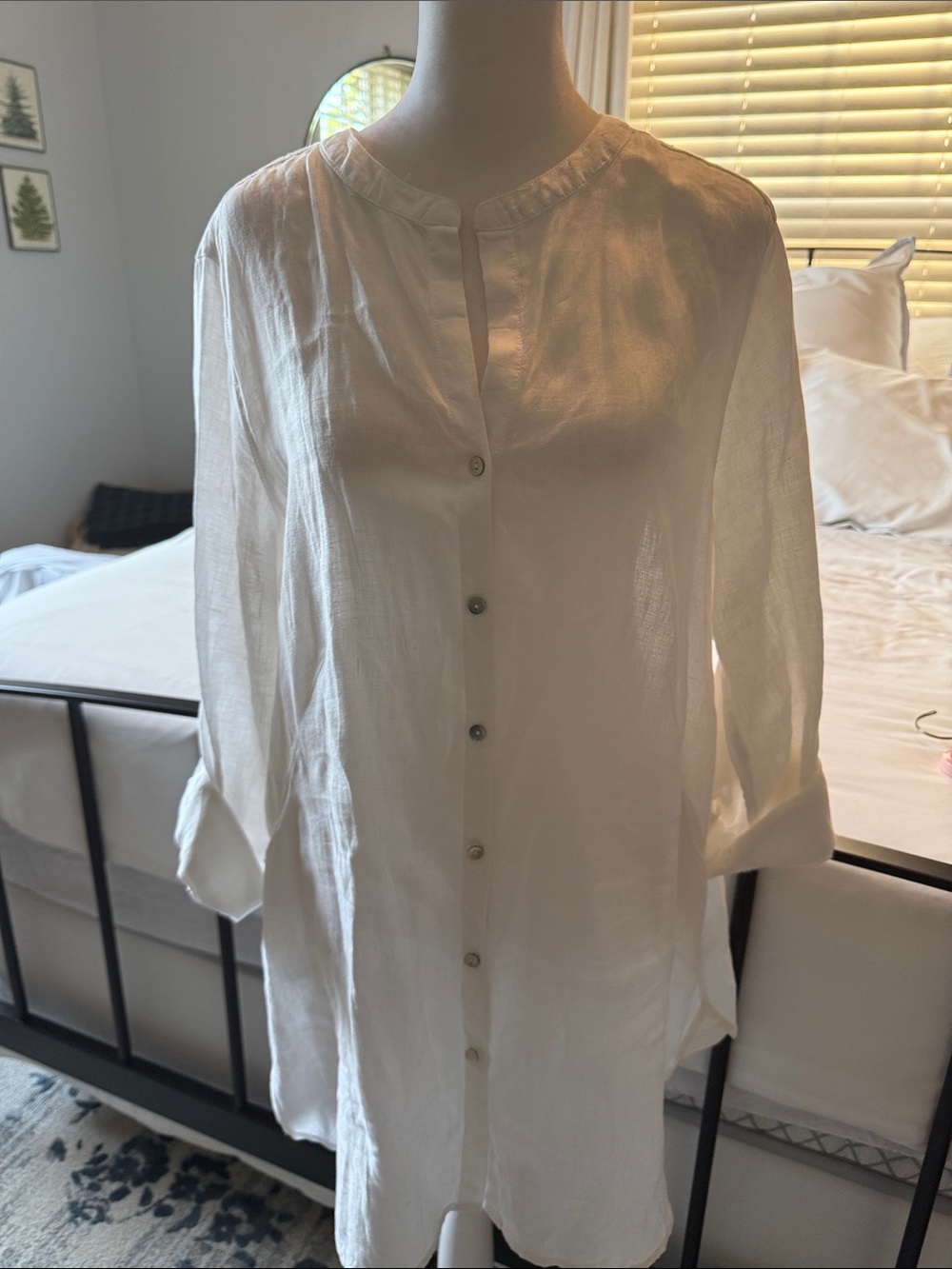 Sigrid Olsen White Band-Collar Button-Front Shirt
